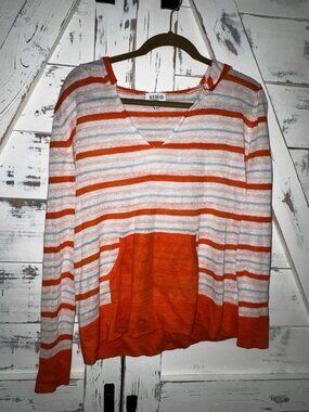 HIHO Striped Orange 100% Linen Knit VNeck Pullover Hoodie Sweater S Tortola BVI